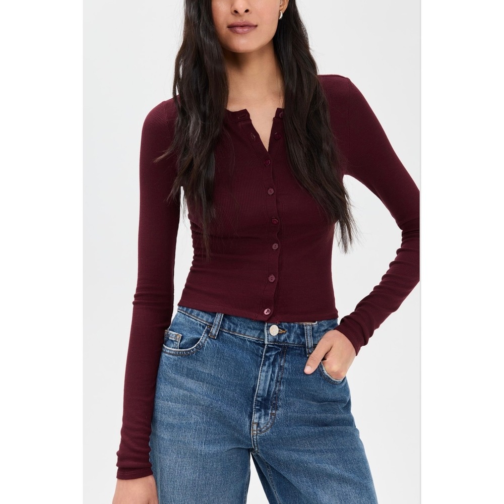 ENZA COSTA Silk Rib Essential Cardigan Women Small Carmine Ribbed Button Front